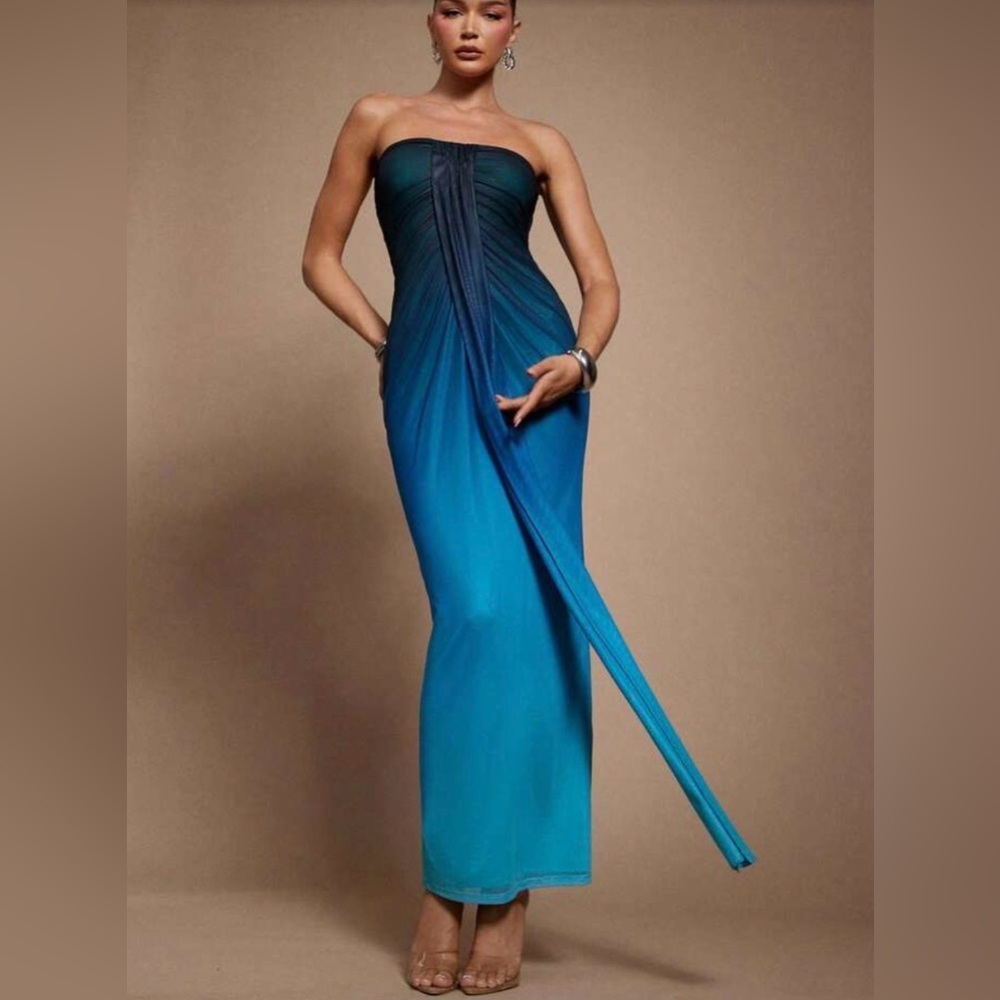 SHEIN Teal to Blue Strapless Ombre Evening Gown